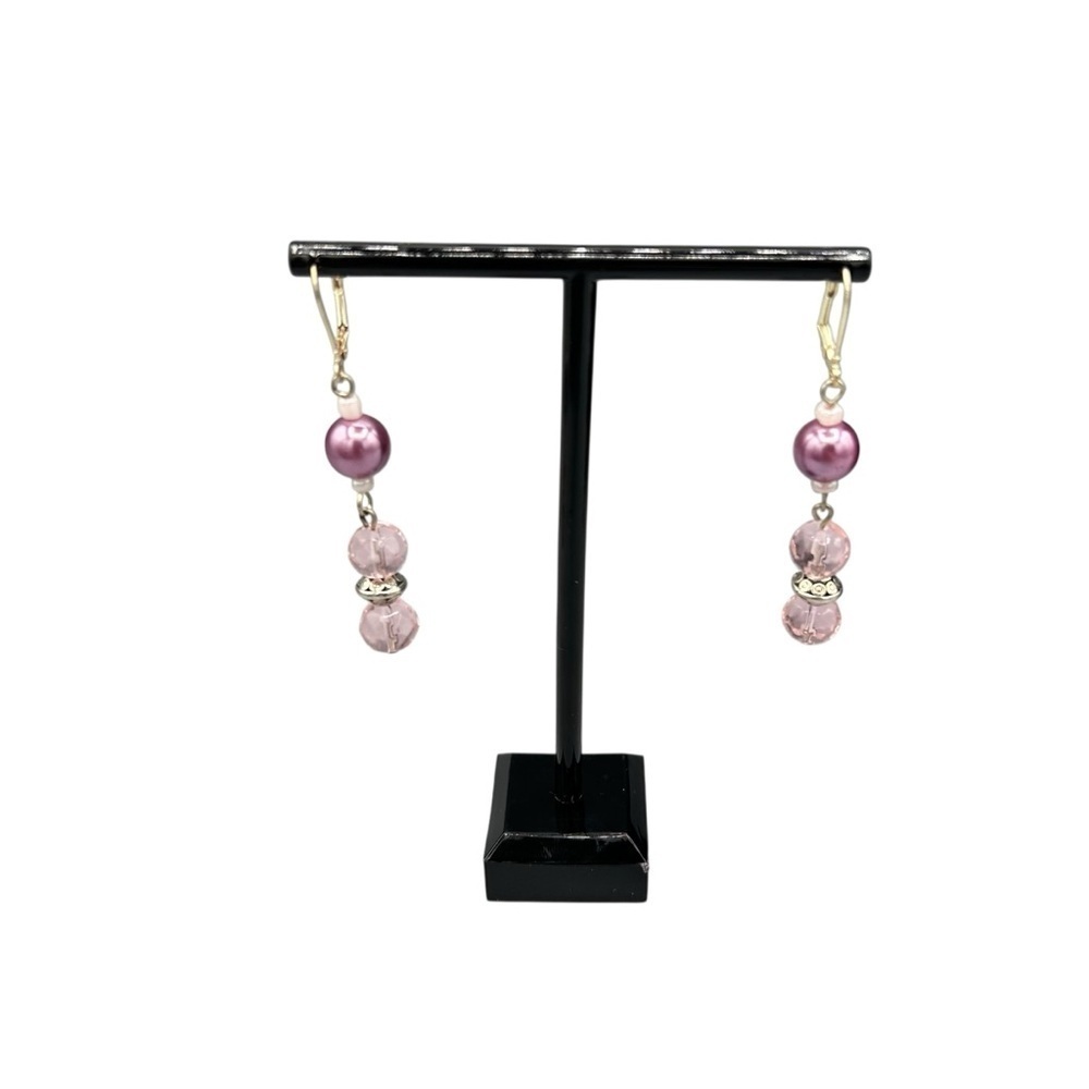 Vintage Pink Beaded Necklace & Earrings Set Glass Pearl Crystal - Picture 3 of 12